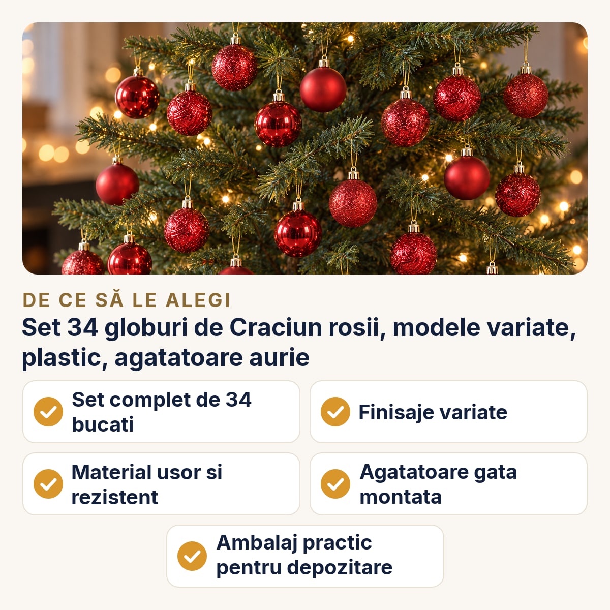Set 34 globuri de Craciun rosii, modele variate, plastic, agatatoare aurie — de ce să le alegi