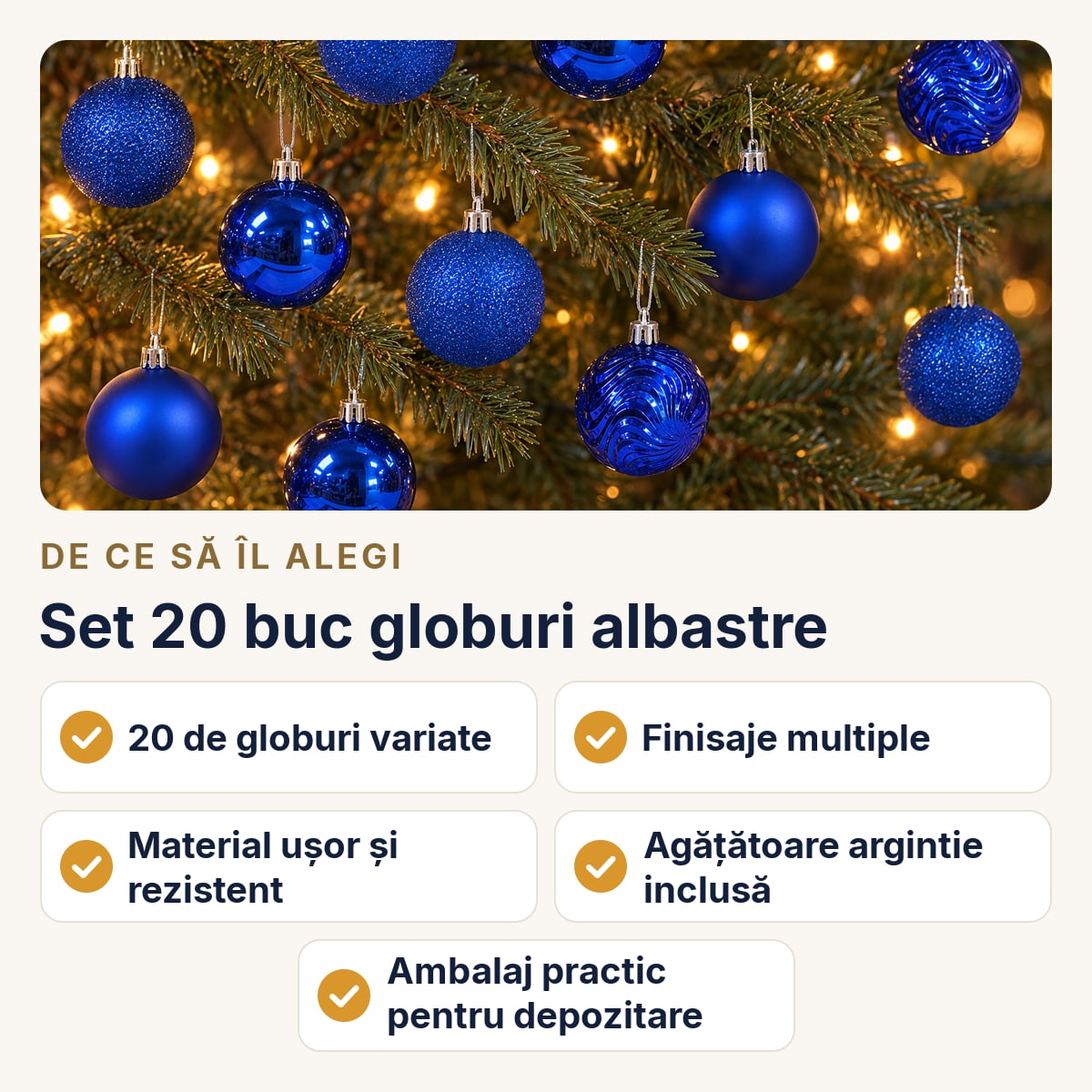Set 20 buc globuri albastre, modele asortate, plastic, agățătoare argintie, tub aprox. 60 × 25 cm — de ce să îl alegi
