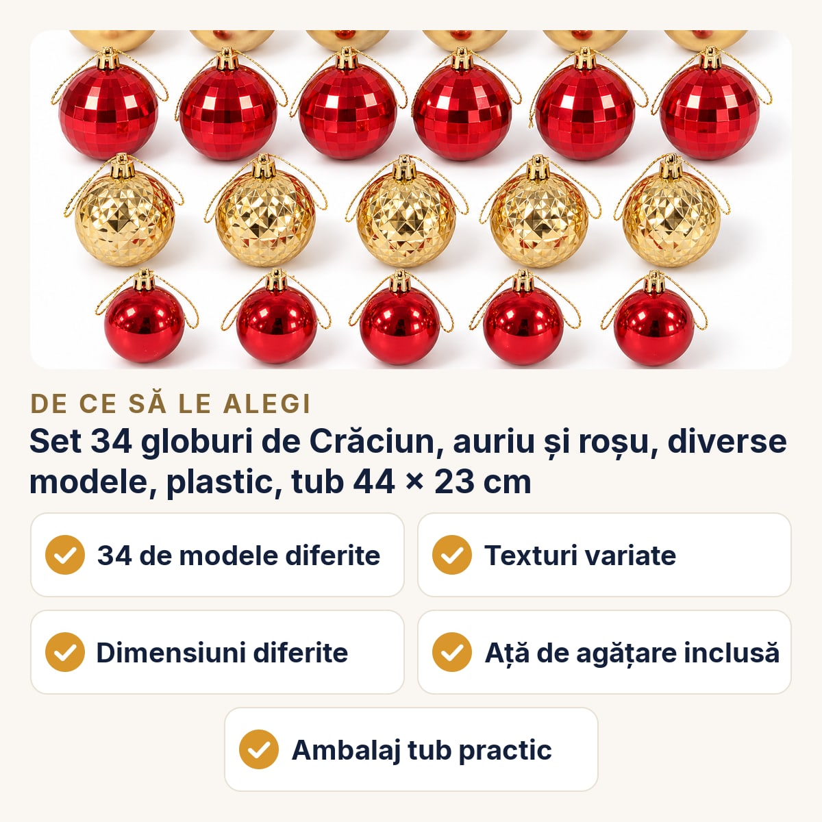Set 34 globuri de Crăciun, auriu și roșu, diverse modele, plastic, tub 44 × 23 cm — de ce să le alegi