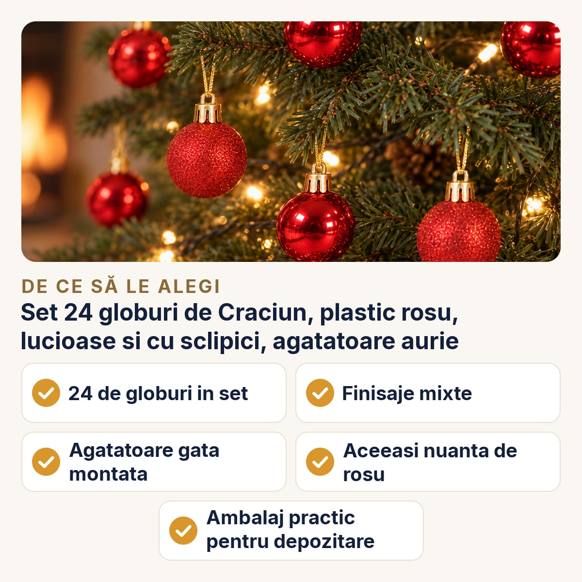 Set 24 globuri de Craciun, plastic rosu, lucioase si cu sclipici, agatatoare aurie — de ce să le alegi