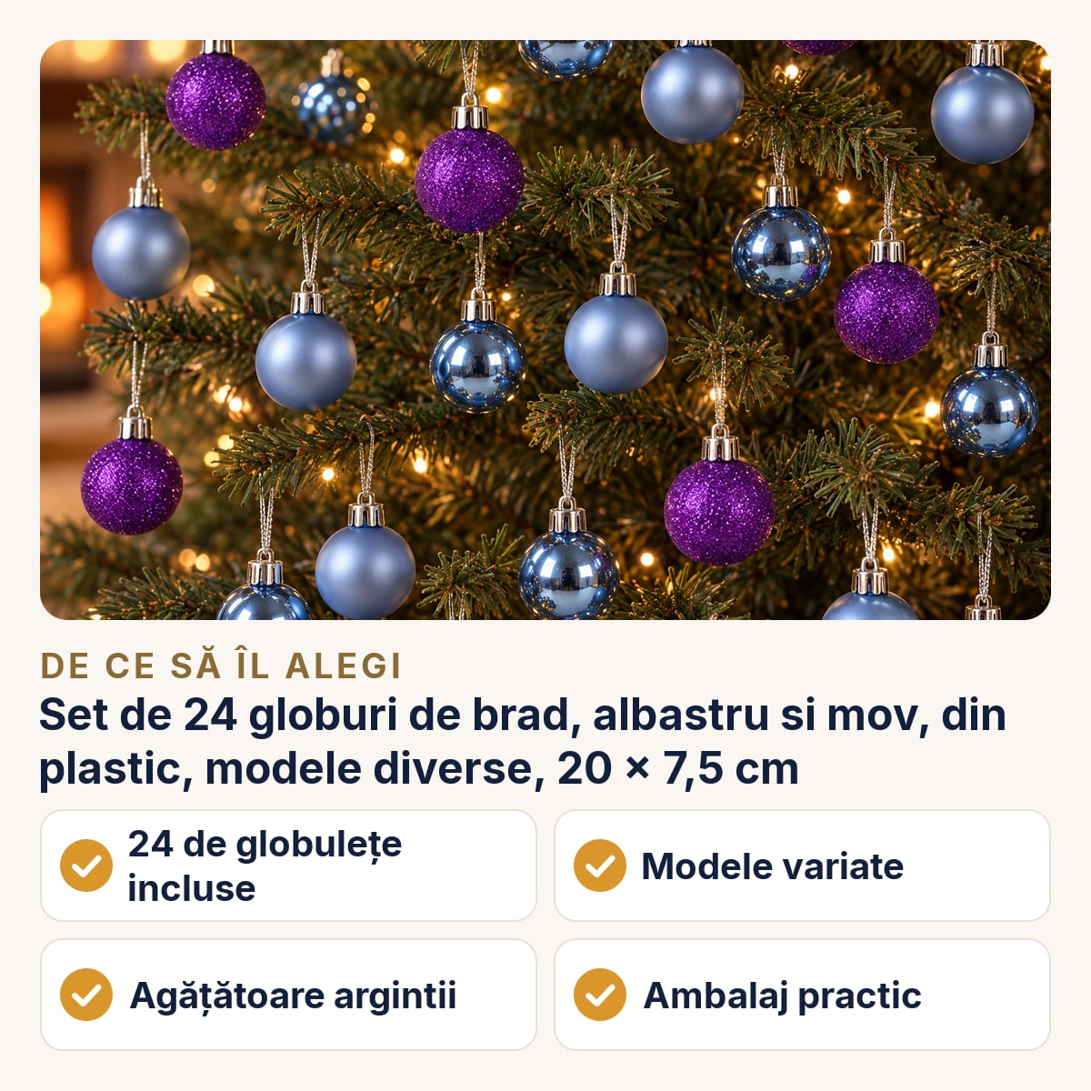Set de 24 globuri de brad, albastru si mov, din plastic, modele diverse, 20 × 7,5 cm — de ce să îl alegi