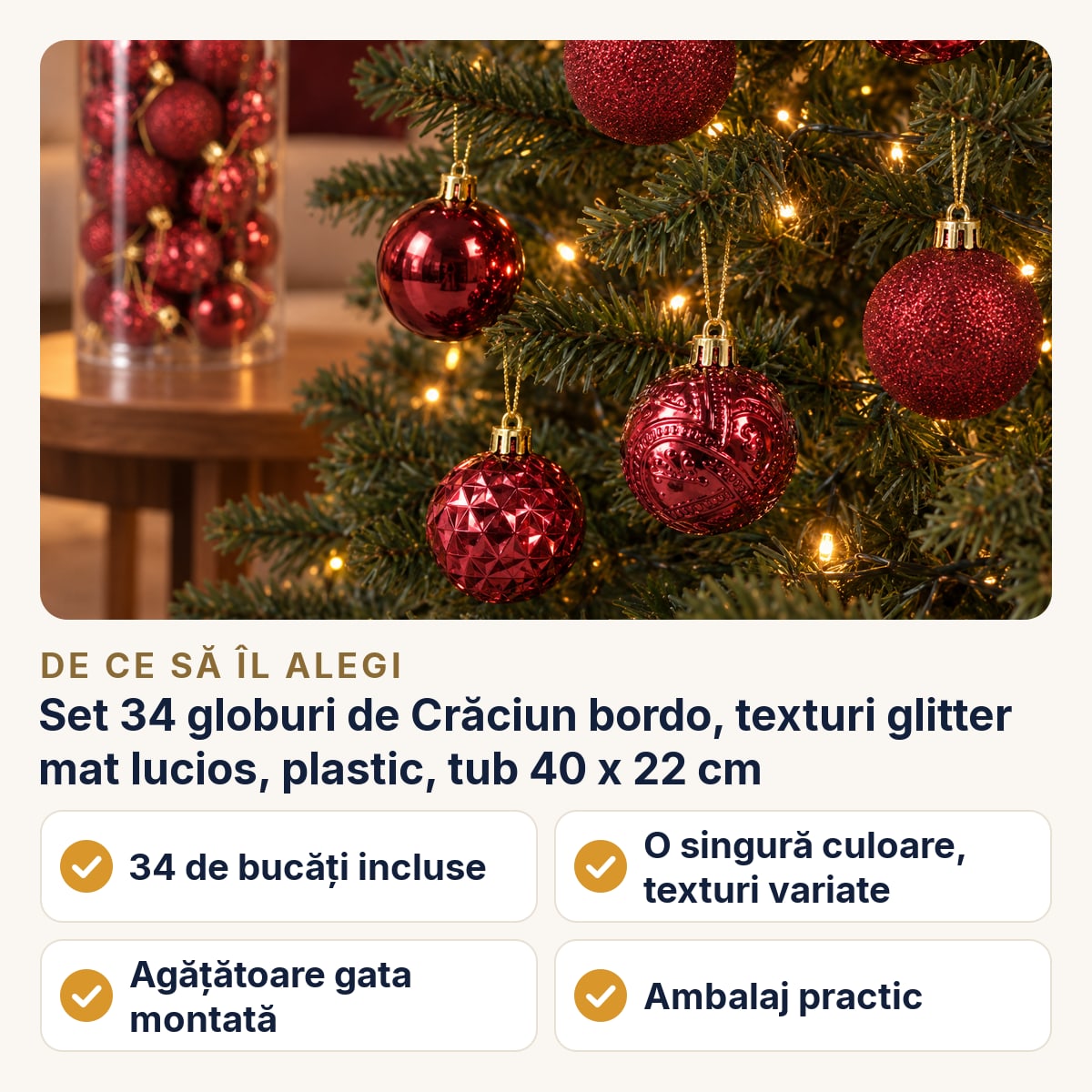 Set 34 globuri de Crăciun bordo, texturi glitter mat lucios, plastic, tub 40 x 22 cm — de ce să îl alegi