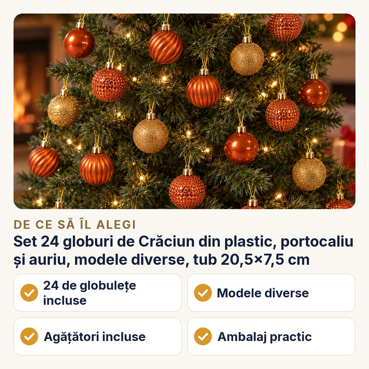 Set 24 globuri de Crăciun din plastic, portocaliu și auriu, modele diverse, tub 20,5×7,5 cm — de ce să îl alegi