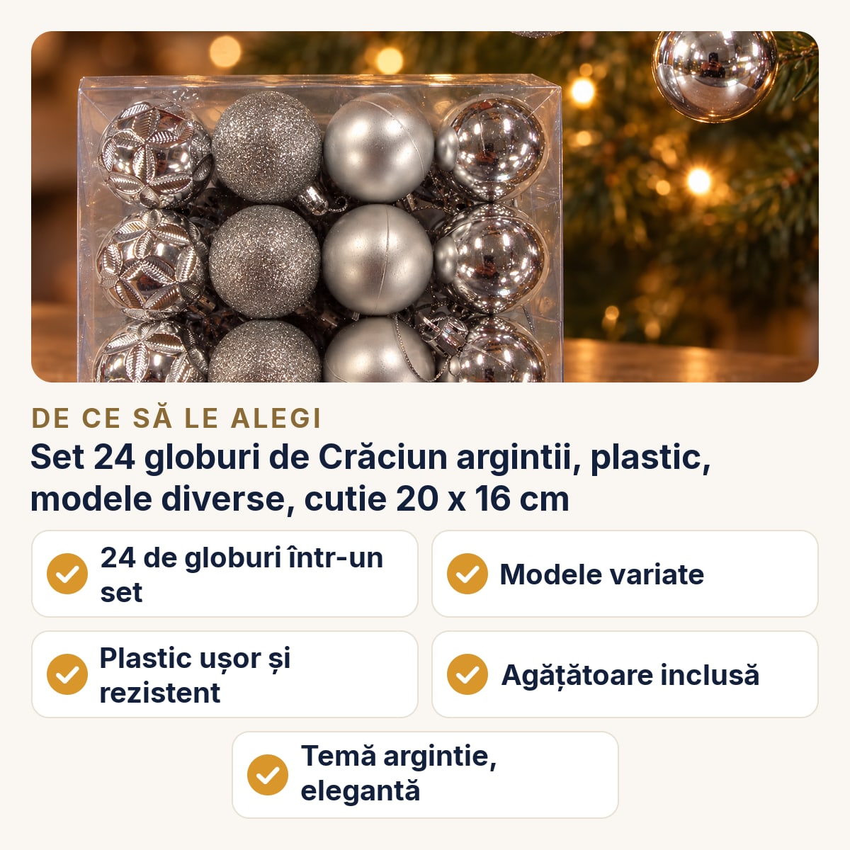 Set 24 globuri de Crăciun argintii, plastic, modele diverse, cutie 20 x 16 cm — de ce să le alegi