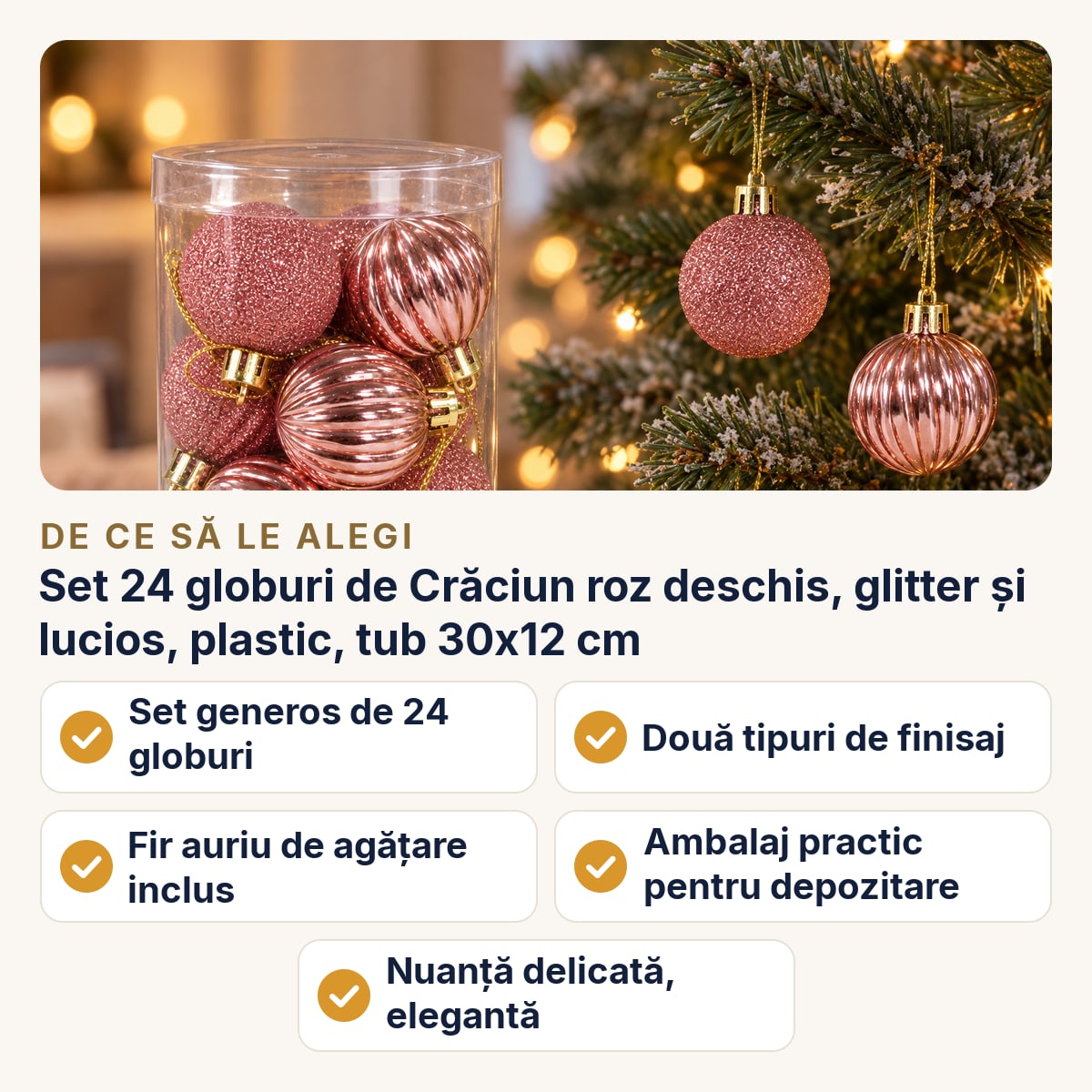Set 24 globuri de Crăciun roz deschis, glitter și lucios, plastic, tub 30x12 cm — de ce să le alegi