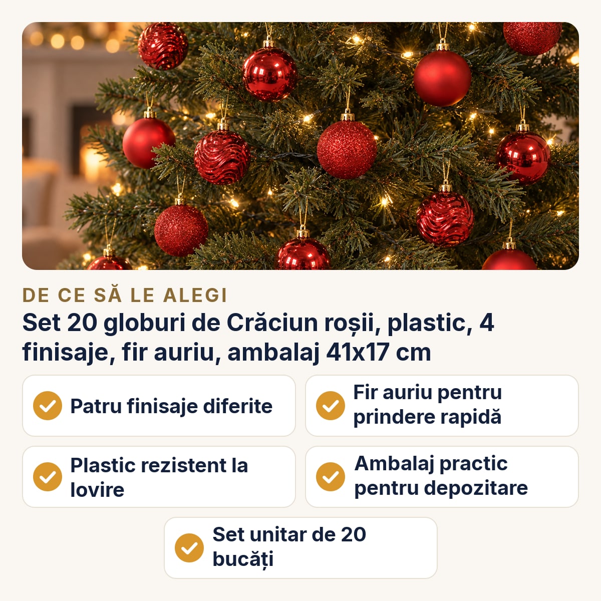 Set 20 globuri de Crăciun roșii, plastic, 4 finisaje, fir auriu, ambalaj 41x17 cm — de ce să le alegi