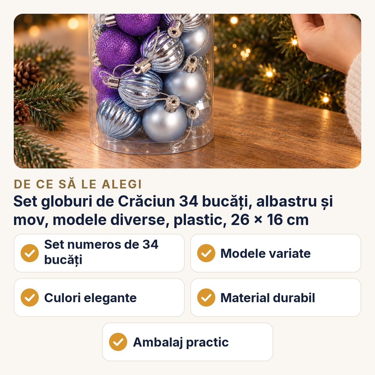 Set globuri de Crăciun 34 bucăți, albastru și mov, modele diverse, plastic, 26 × 16 cm — de ce să le alegi