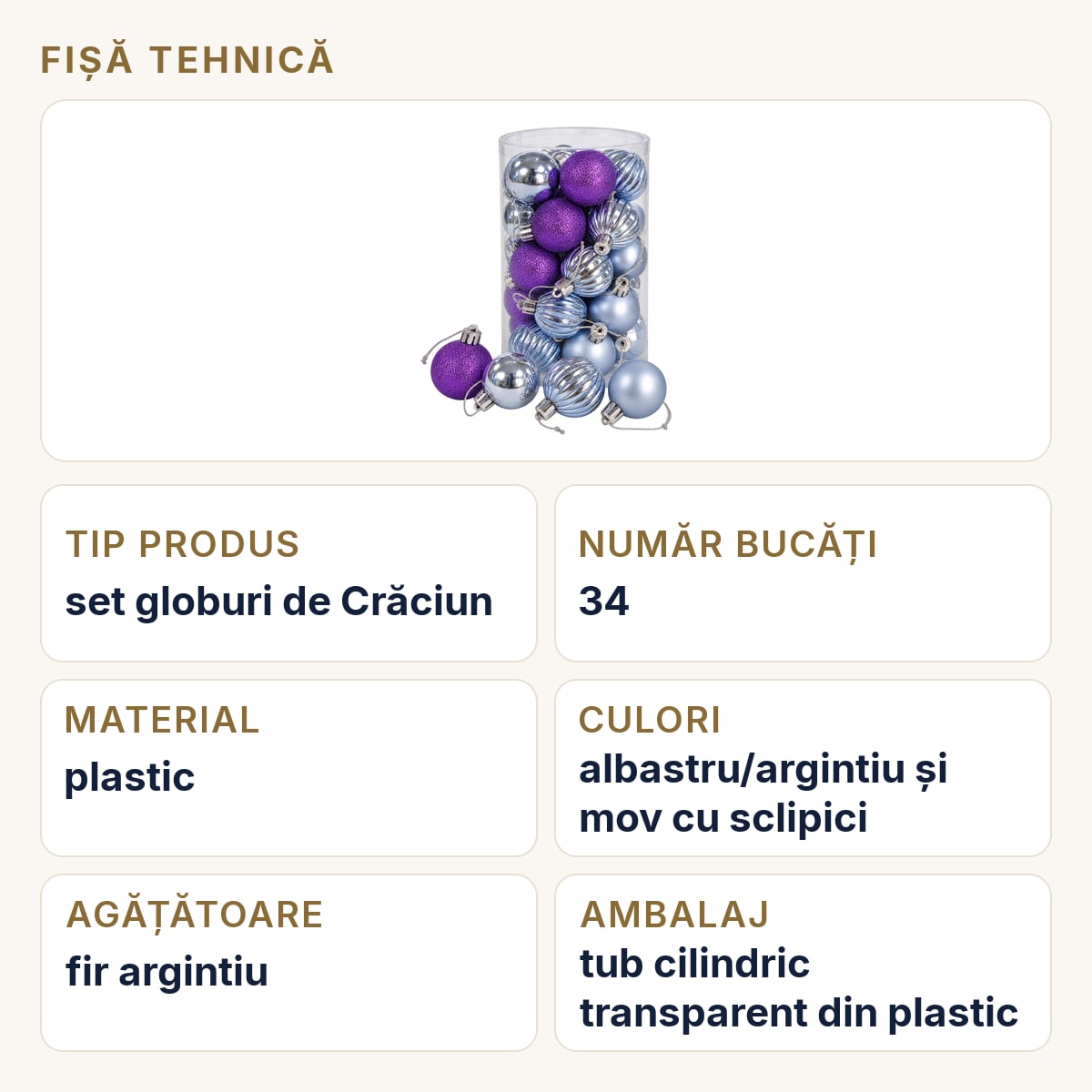 Fișă tehnică — Set globuri de Crăciun 34 bucăți, albastru și mov, modele diverse, plastic, 26 × 16 cm