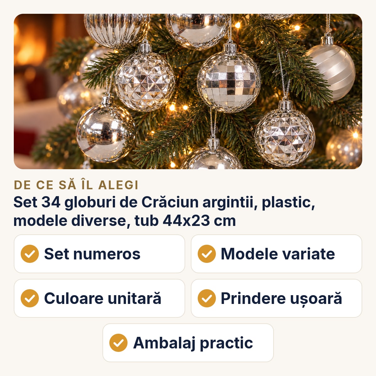 Set 34 globuri de Crăciun argintii, plastic, modele diverse, tub 44x23 cm — de ce să îl alegi