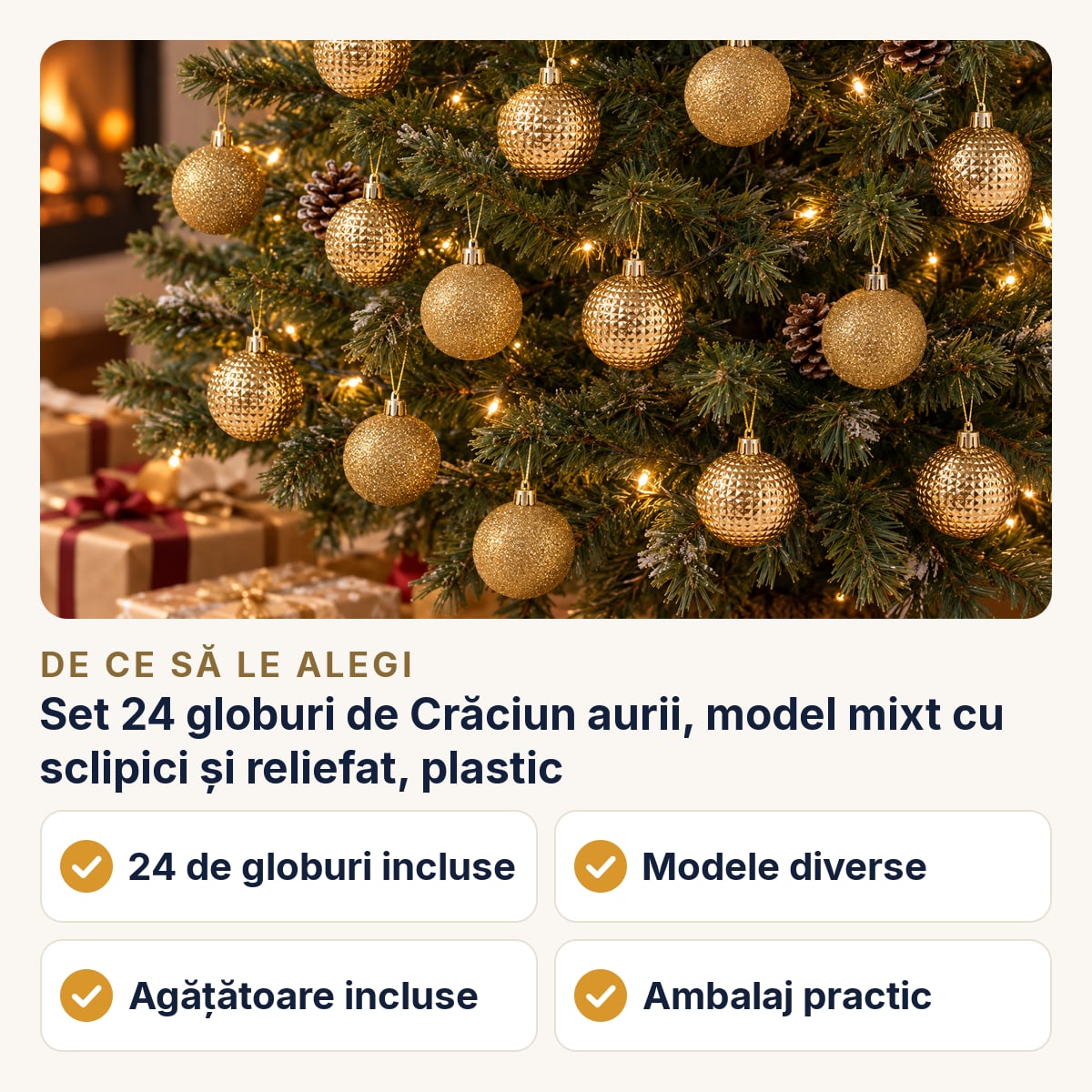 Set 24 globuri de Crăciun aurii, model mixt cu sclipici și reliefat, plastic &mdash; de ce să le alegi
