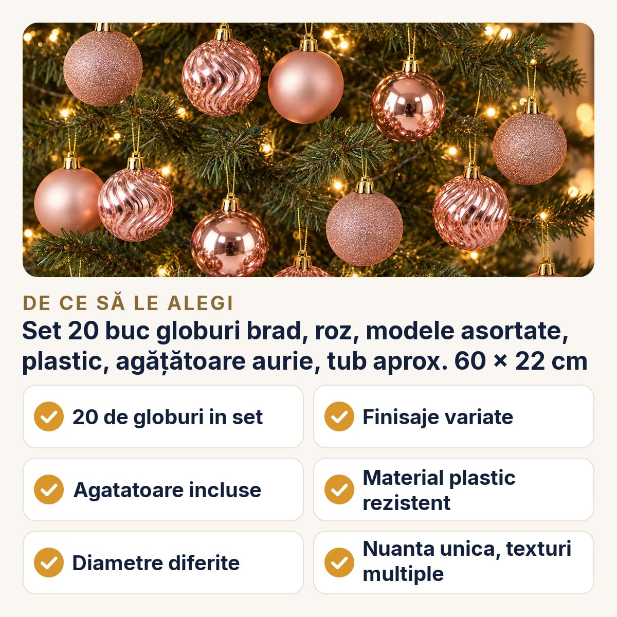 Set 20 buc globuri brad, roz, modele asortate, plastic, agățătoare aurie, tub aprox. 60 × 22 cm — de ce să le alegi