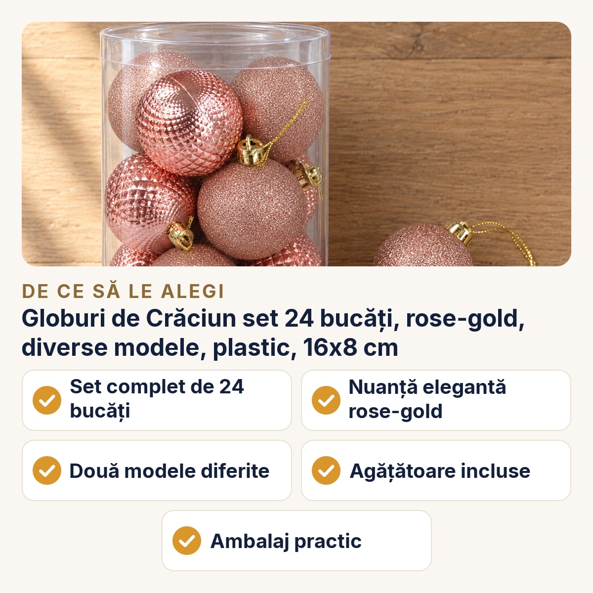 Globuri de Crăciun set 24 bucăți, rose-gold, diverse modele, plastic, 16x8 cm — de ce să le alegi