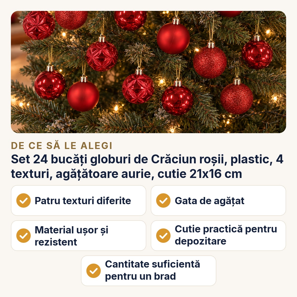Set 24 bucăți globuri de Crăciun roșii, plastic, 4 texturi, agățătoare aurie, cutie 21x16 cm — de ce să le alegi