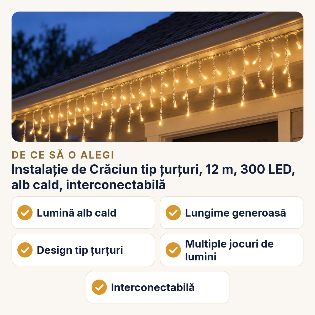 Instalație de Crăciun tip țurțuri, 12 m, 300 LED, alb cald, interconectabilă — de ce să o alegi