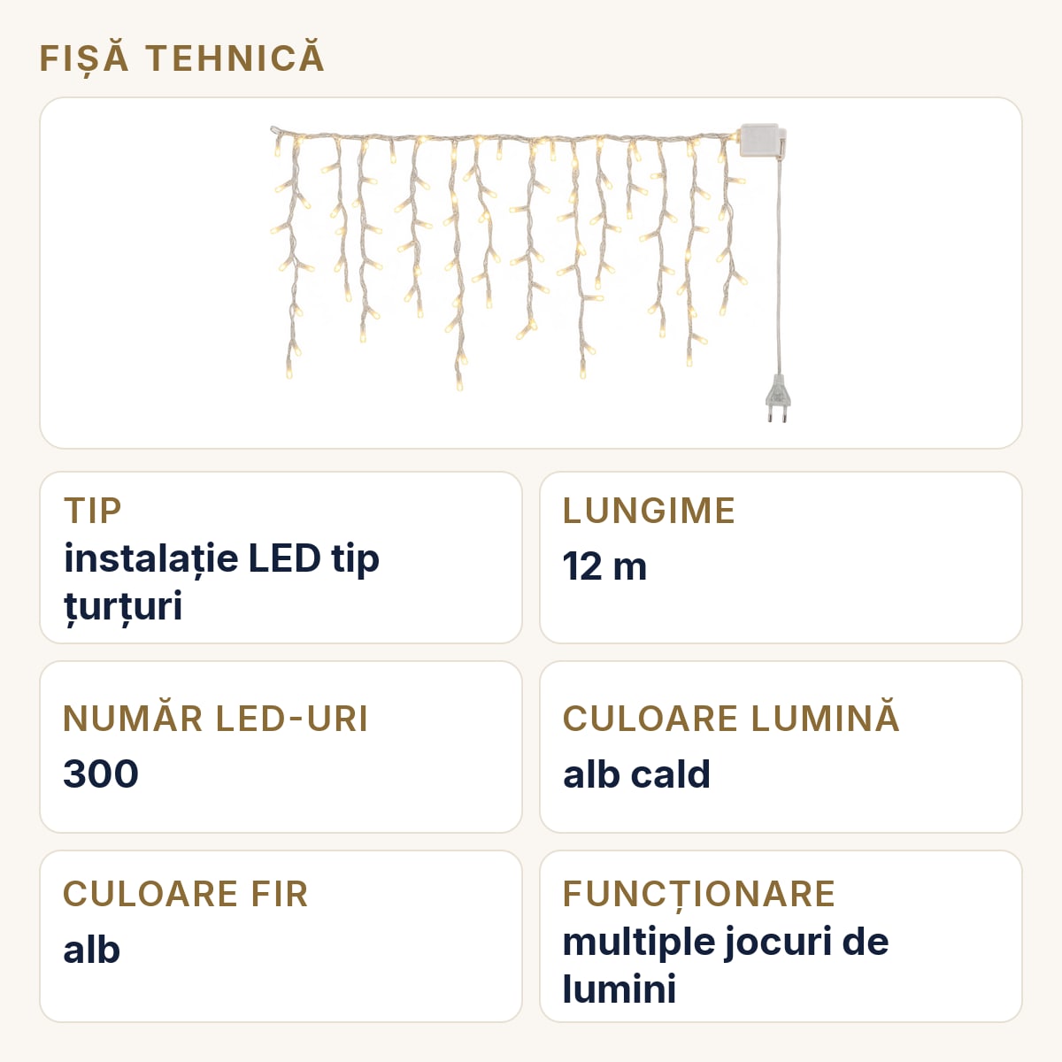 Fișă tehnică — Instalație de Crăciun tip țurțuri, 12 m, 300 LED, alb cald, interconectabilă