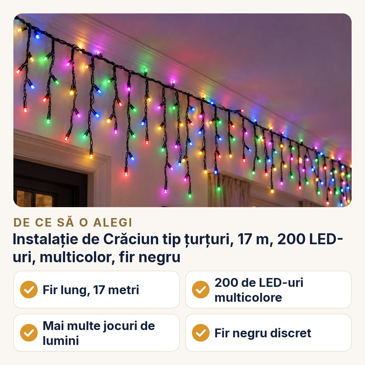 Instalație de Crăciun tip țurțuri, 17 m, 200 LED-uri, multicolor, fir negru — de ce să o alegi