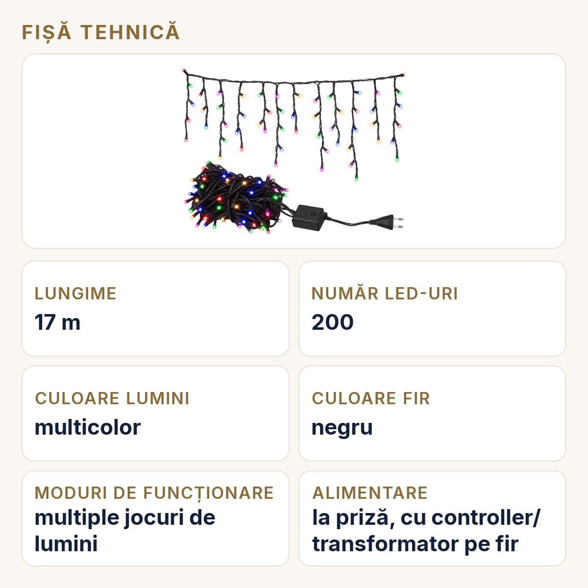 Fișă tehnică — Instalație de Crăciun tip țurțuri, 17 m, 200 LED-uri, multicolor, fir negru
