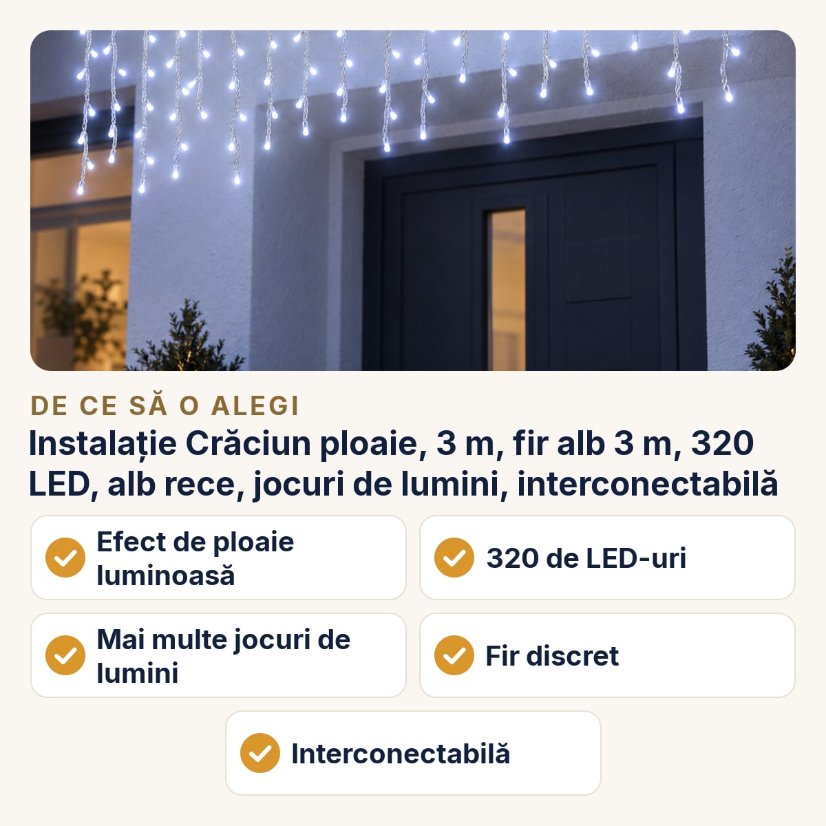 Instalație Crăciun ploaie, 3 m, fir alb 3 m, 320 LED, alb rece, jocuri de lumini, interconectabilă — de ce să o alegi
