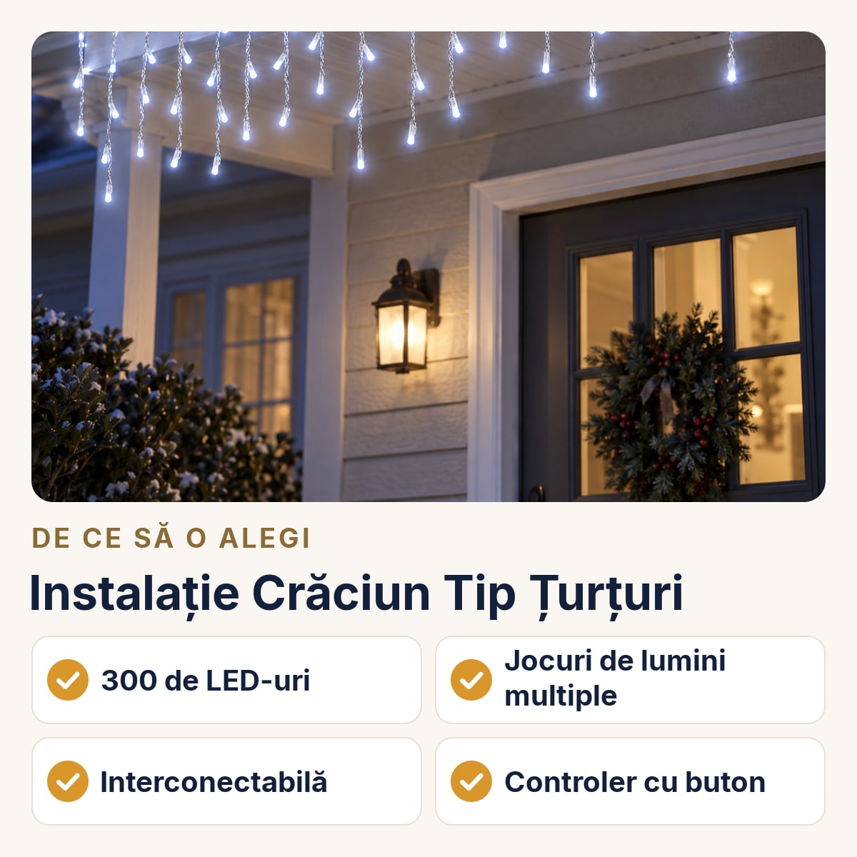 Instalație Crăciun Tip Țurțuri, 12 M, 300 LED-uri, Jocuri de Lumini, Interconectabilă, Alb Rece — de ce să o alegi
