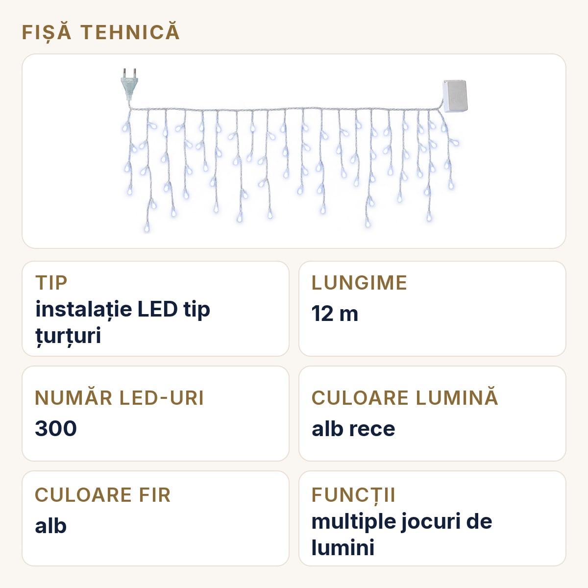 Fișă tehnică — Instalație Crăciun Tip Țurțuri, 12 M, 300 LED-uri, Jocuri de Lumini, Interconectabilă, Alb Rece