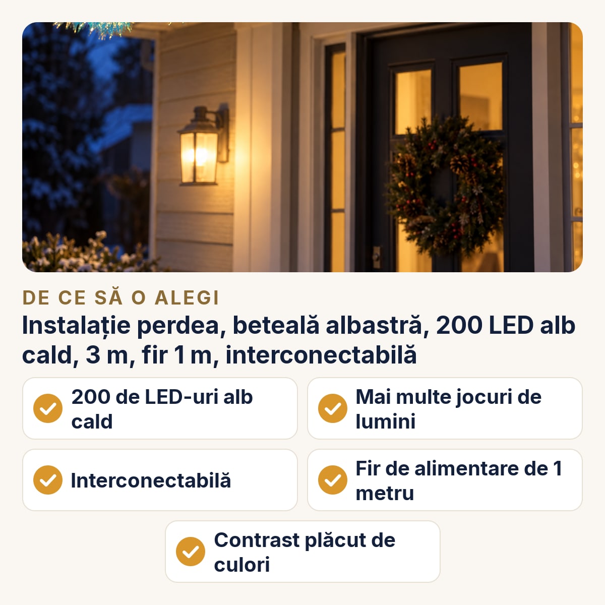 Instalație perdea, beteală albastră, 200 LED alb cald, 3 m, fir 1 m, interconectabilă — de ce să o alegi