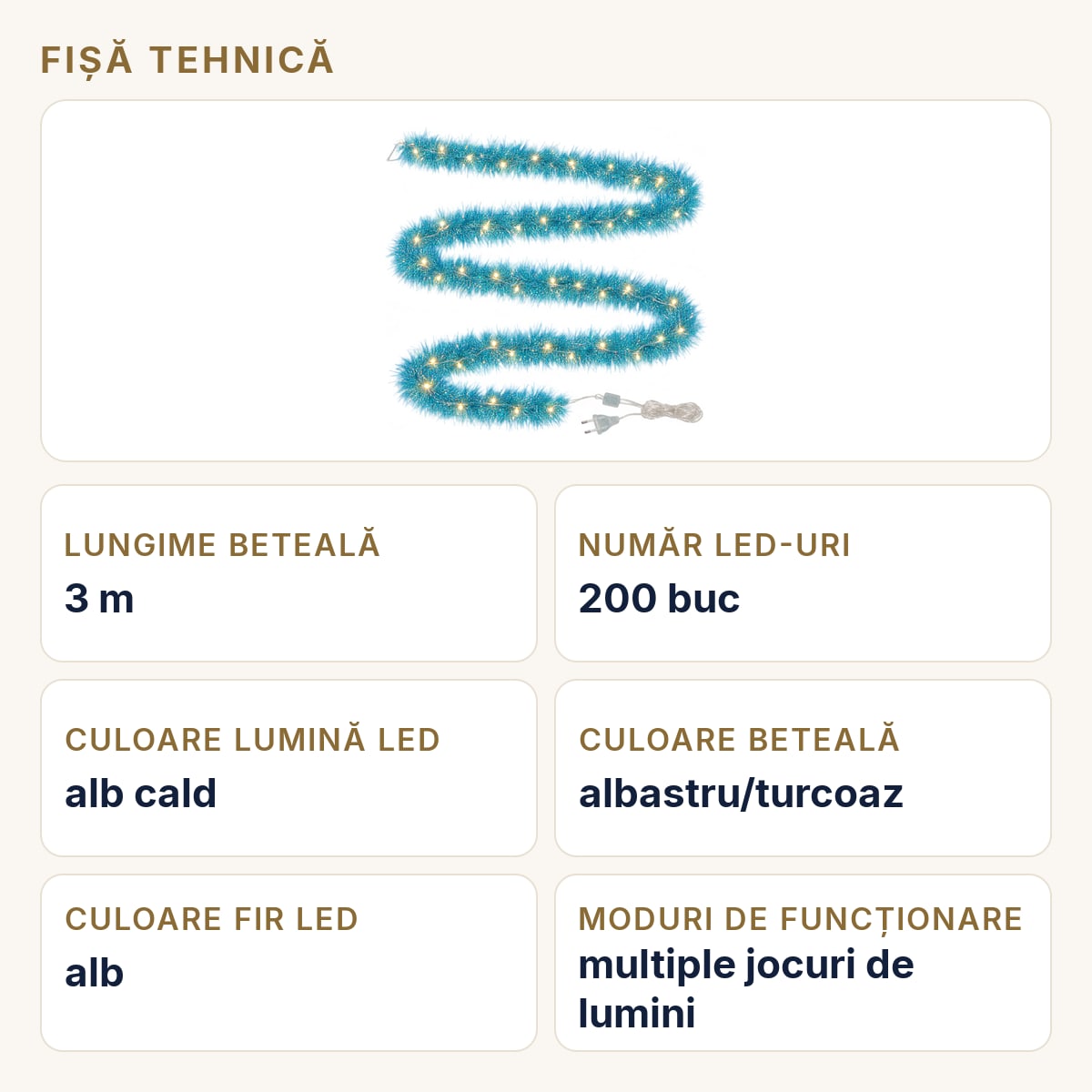 Fișă tehnică — Instalație perdea, beteală albastră, 200 LED alb cald, 3 m, fir 1 m, interconectabilă