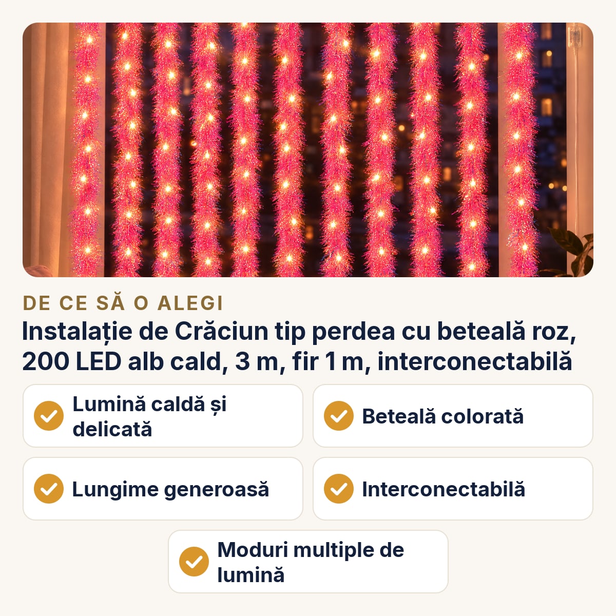 Instalație de Crăciun tip perdea cu beteală roz, 200 LED alb cald, 3 m, fir 1 m, interconectabilă — de ce să o alegi