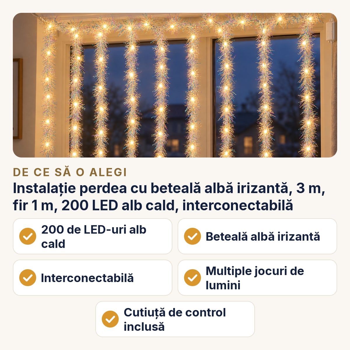 Instalație perdea cu beteală albă irizantă, 3 m, fir 1 m, 200 LED alb cald, interconectabilă — de ce să o alegi