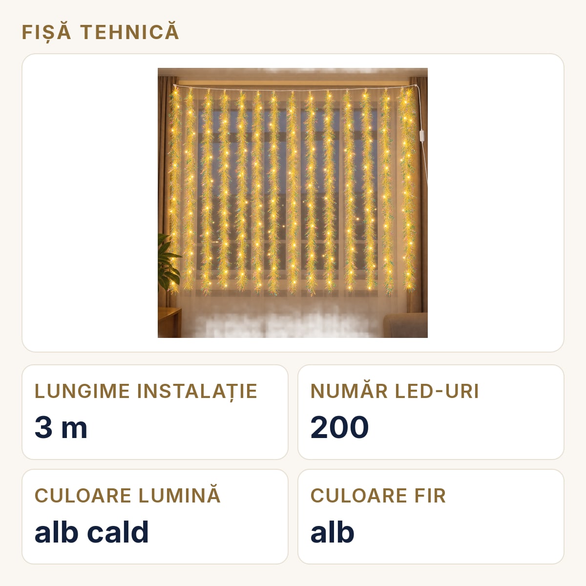 Fișă tehnică — Instalație LED tip perdea cu beteală galbenă, 200 LED alb cald, 3 m, fir 1 m